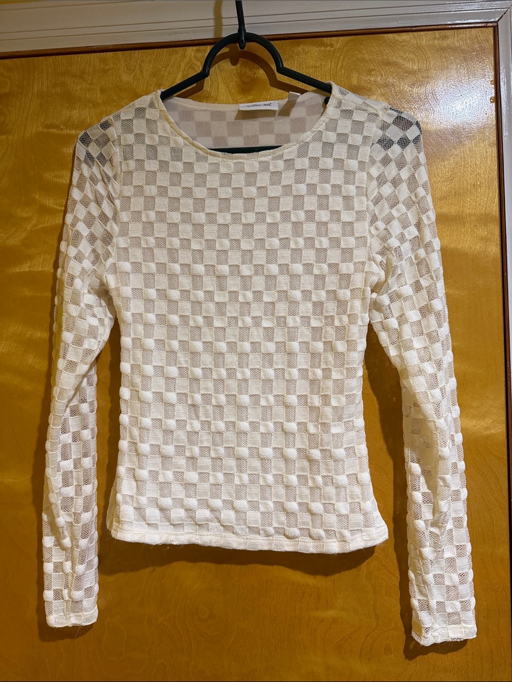 Cream Long-Sleeve Checker Top